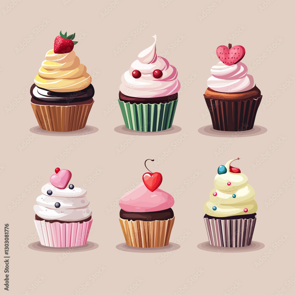 Assorted Cupcakes Topped With Fruit and Hearts on Beige Background Assorted Cupcakes Topped With Fruit and Hearts on Beige Background