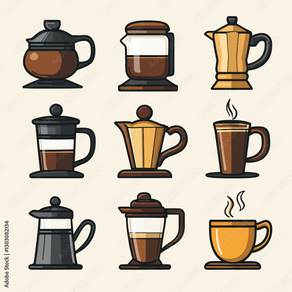 Coffee brewing methods vector art, coffee makers and coffee cups design. Coffee brewing methods vector art, coffee makers and coffee cups design.