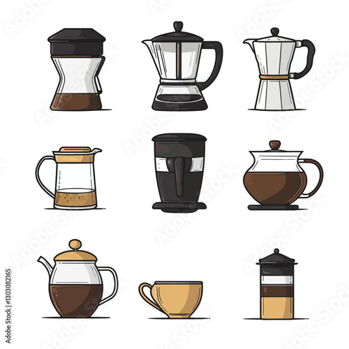 Coffee brewing methods and equipment icons, illustration on white background