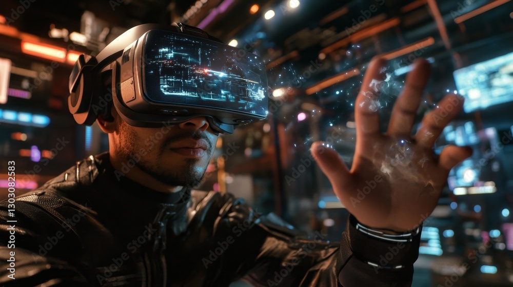man playing video game with virtual reality headset, trying to touch something with hands in metaverse man playing video game with virtual reality headset, trying to touch something with hands in metaverse