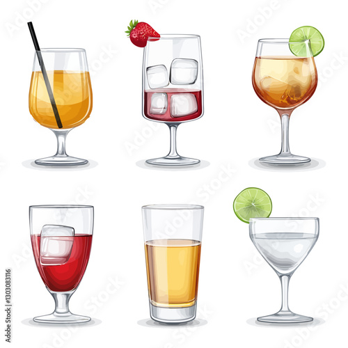Assorted cocktail drinks featuring different fruit garnishes and ice cubes.