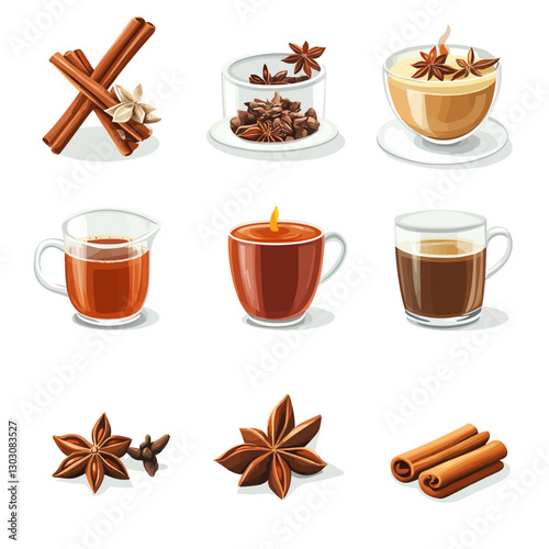 Spiced Warm Beverages with Cinnamon and Star Anise, Vector Illustration