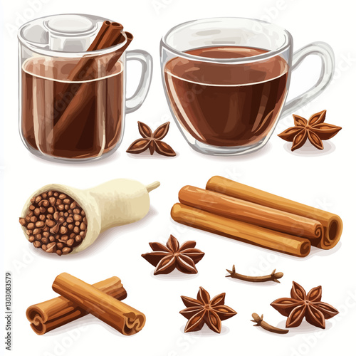 Mulled spice drink with cinnamon sticks and star anise in clear glasses