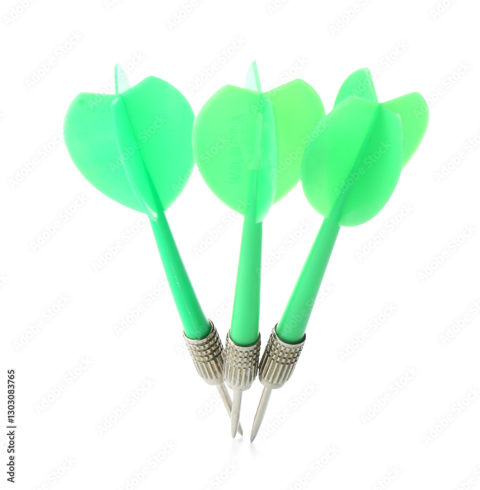 Green dart arrows in air isolated on white. Sports equipment