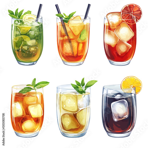 Assorted Cold Refreshing Drinks with Fruit and Ice Cubes Collection