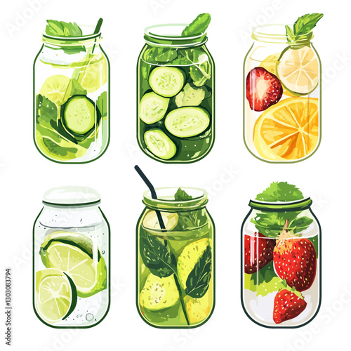 Colorful Infused Water Jars with Fruits and Vegetables on White Background