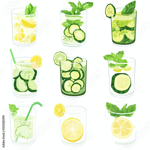 Refreshing Citrus and Cucumber Infused Water Drinks with Mint Leaves