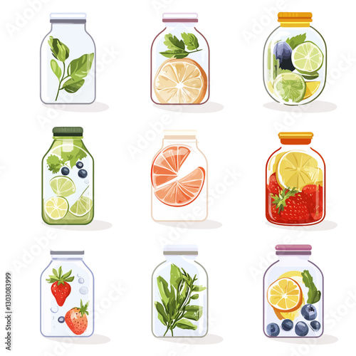 Infused Water Jars With Lemon, Strawberry, Orange, And Berries