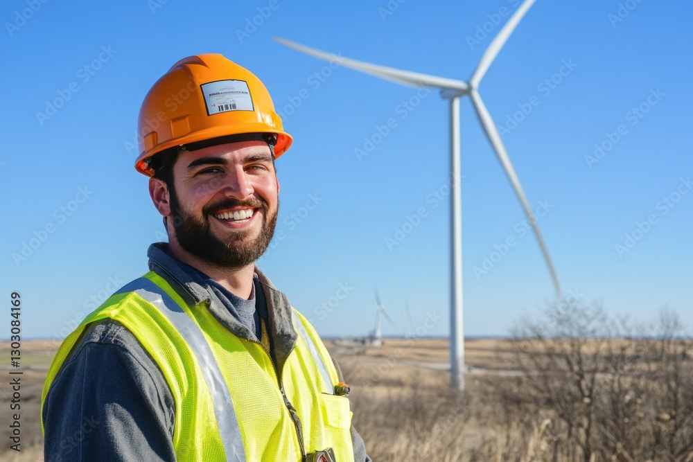 Smiling Male Worker in Safety Gear at Wind Farm with Turbines Against Clear Blue Sky Smiling Male Worker in Safety Gear at Wind Farm with Turbines Against Clear Blue Sky