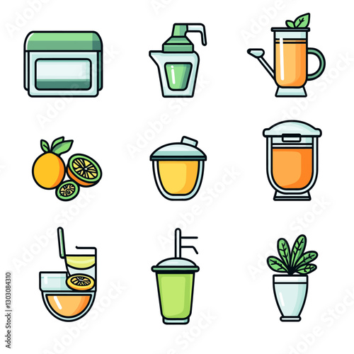 Set of Illustrated Icons Representing Beverages and Cosmetic Containers
