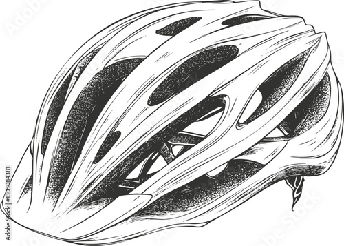 Black and white illustration of a bicycle helmet with intricate linework.