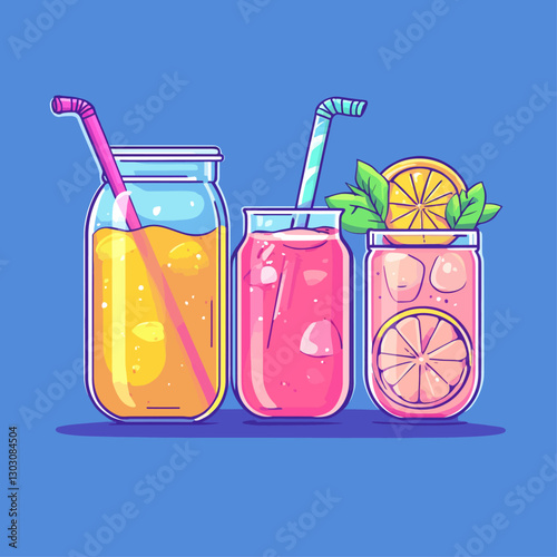 Refreshing cartoon summer drinks with fruit slices and vibrant colors