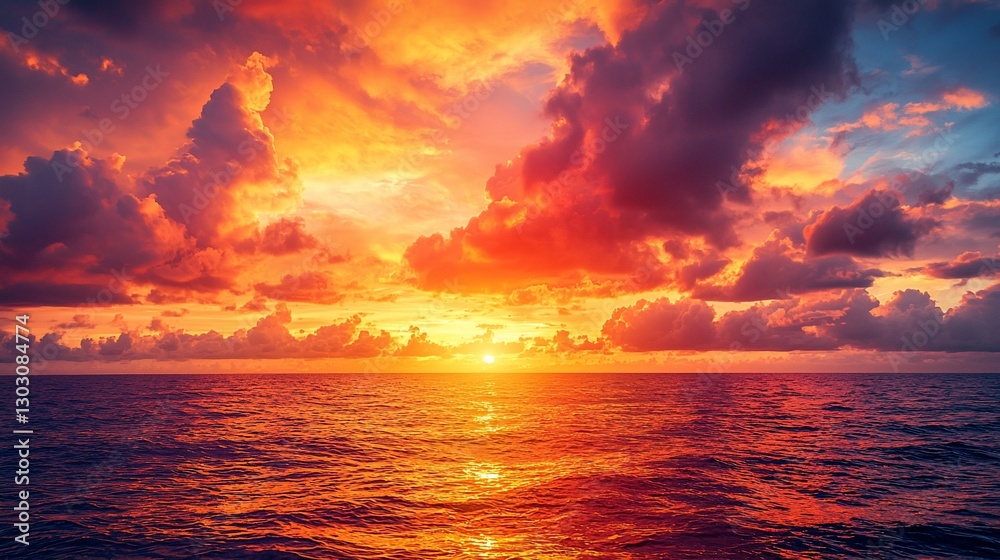 Obraz premium Fiery sunset over calm ocean; dramatic cloudscape.