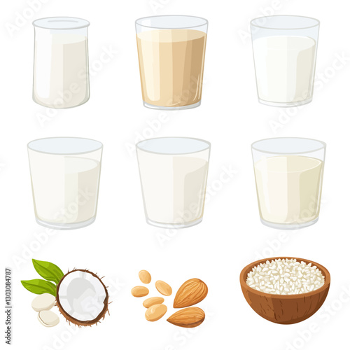 Assortment of Vegan Milk Alternatives: Coconut, Almond, and Rice in Glasses