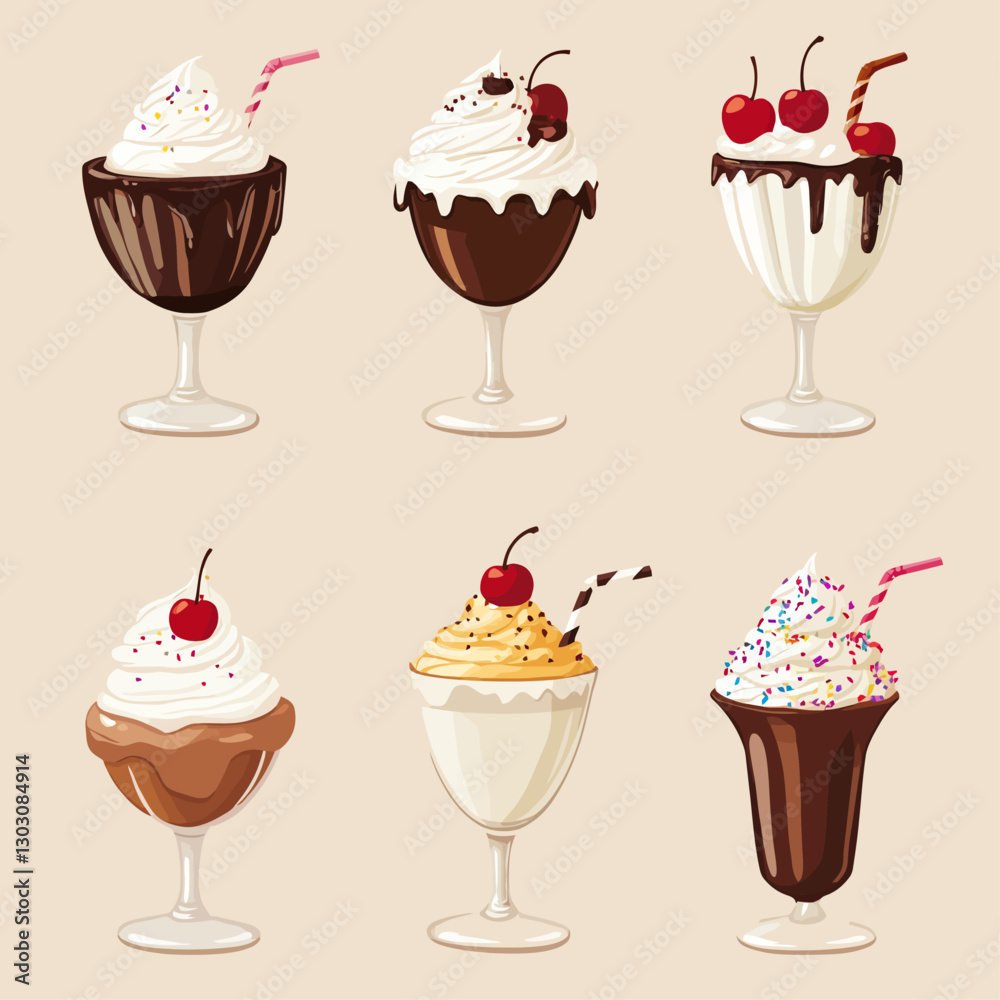 Assorted ice cream sundae glasses with whipped cream and cherry toppings Assorted ice cream sundae glasses with whipped cream and cherry toppings