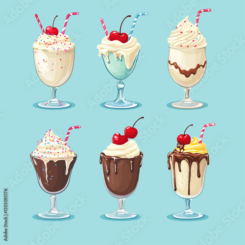 Assorted Flavored Milkshakes Topped with Cherries and Straws on Blue Backdrop