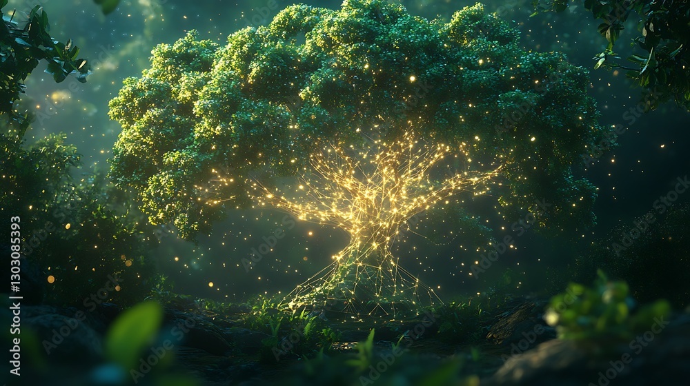 Fototapeta premium Luminous Tree of Life: A Digital Fantasy Forest