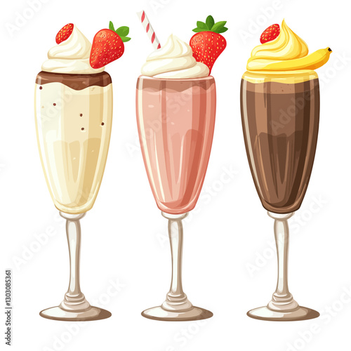 Assorted milkshakes with fruit toppings, sweet treat indulgence concept