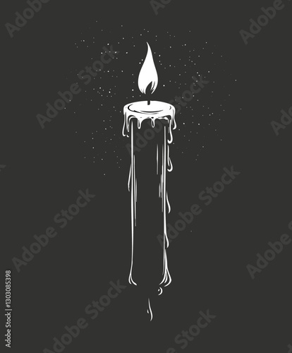 Black and white illustration of a dripping candle with a glowing flame.