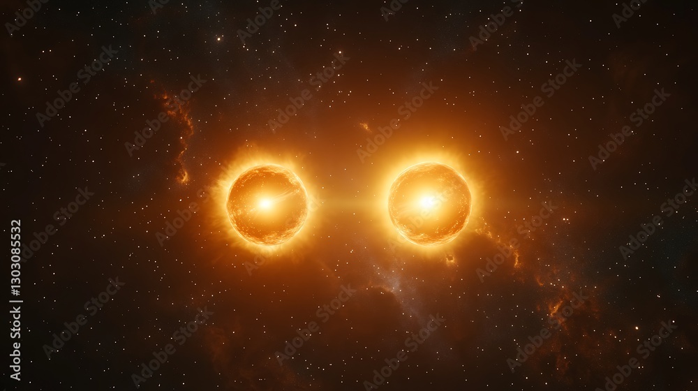 Naklejka premium A detailed image of a binary star system with two suns orbiting each other amidst a galaxy