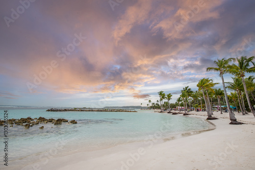 Fototapeta Naklejka Na Ścianę i Meble -  Romantic Caribbean sandy beach with palm trees, turquoise sea. Morning landscape shot at sunrise at Plage de Bois Jolan, Guadeloupe, French Antilles
