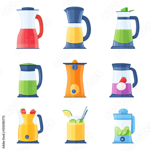 Collection of Juice Blenders Filled with Colorful Fruits and Vegetables