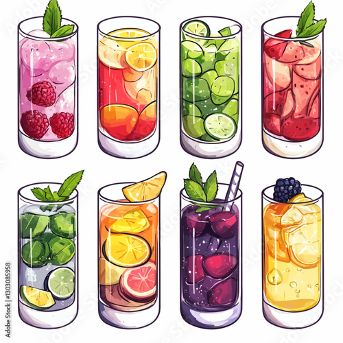 Colorful assorted fruit cocktails with mint leaves in tall glass cups.