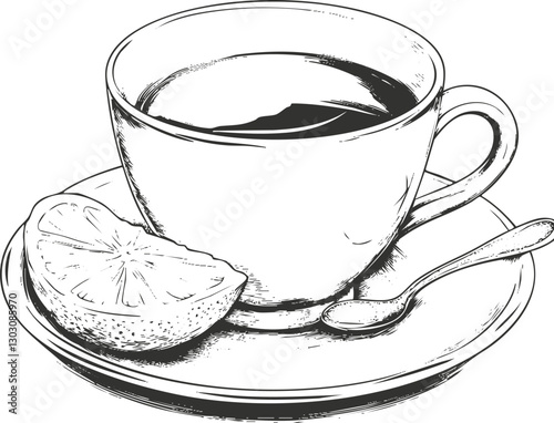 Black and white sketch of a tea cup with lemon slice.