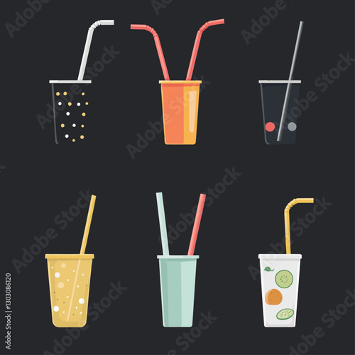 Colorful smoothie cups with straws on a black background illustration
