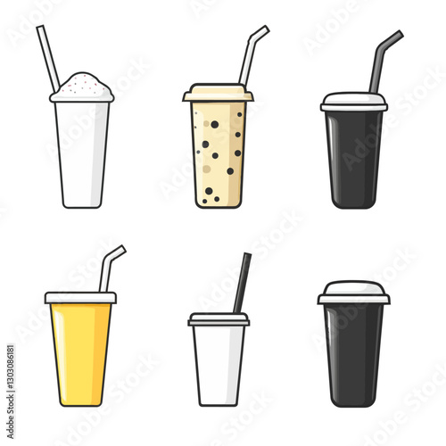 Assorted drinks with straws in disposable cups on a white backdrop