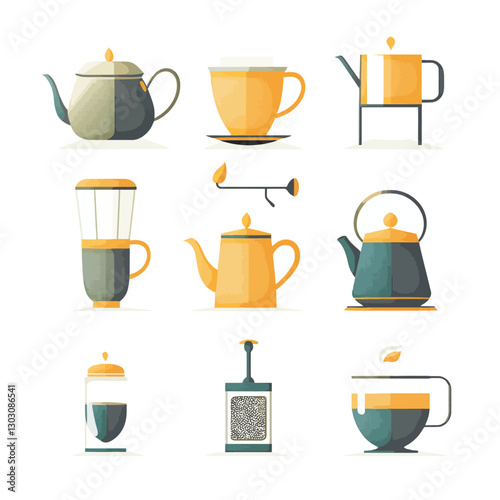 Minimalist Illustration of Teapots, Cups, and Coffee Making Equipment