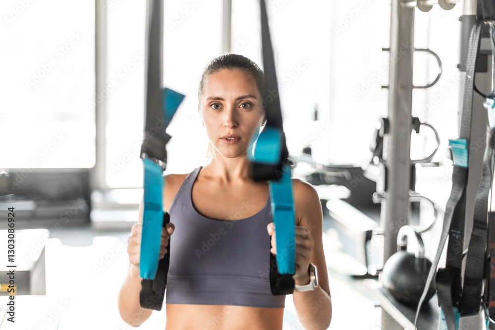 Fit woman doing push ups training arms with trx fitness straps in gym. Fit woman doing push ups training arms with trx fitness straps in gym.