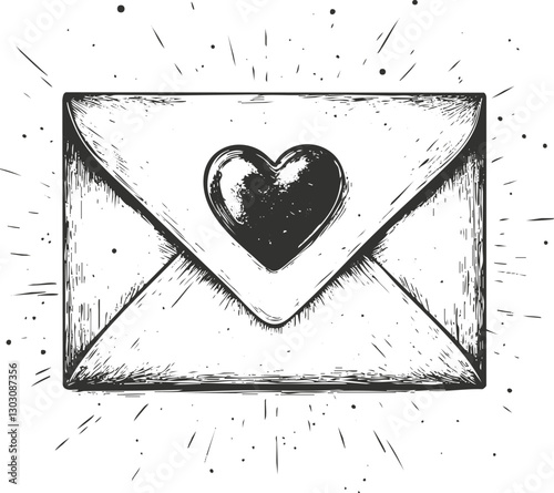 Hand-drawn envelope with heart symbol, representing love and affection.