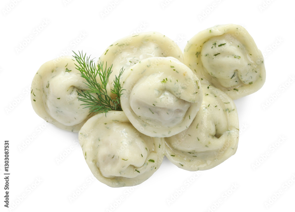 Delicious dumplings (pelmeni) with spices isolated on white, top view Delicious dumplings (pelmeni) with spices isolated on white, top view