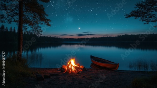 Tranquil lakeside night with canoe and campfire under a starry sky