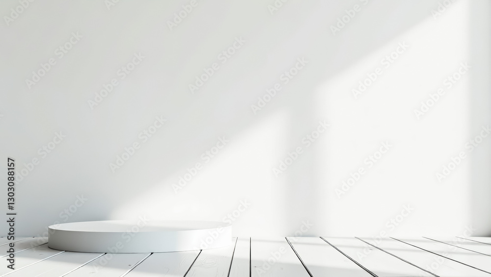 pristine white cylindrical platform on a whitewashed wood floor pristine white cylindrical platform on a whitewashed wood floor