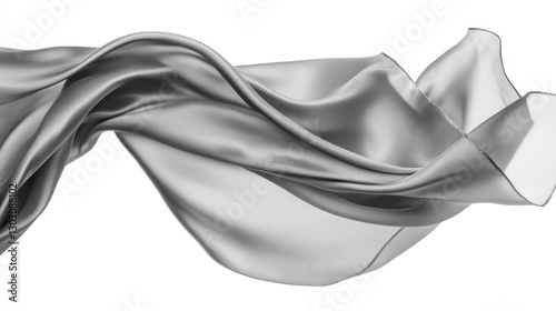 A long piece of silver fabric is shown in a white background