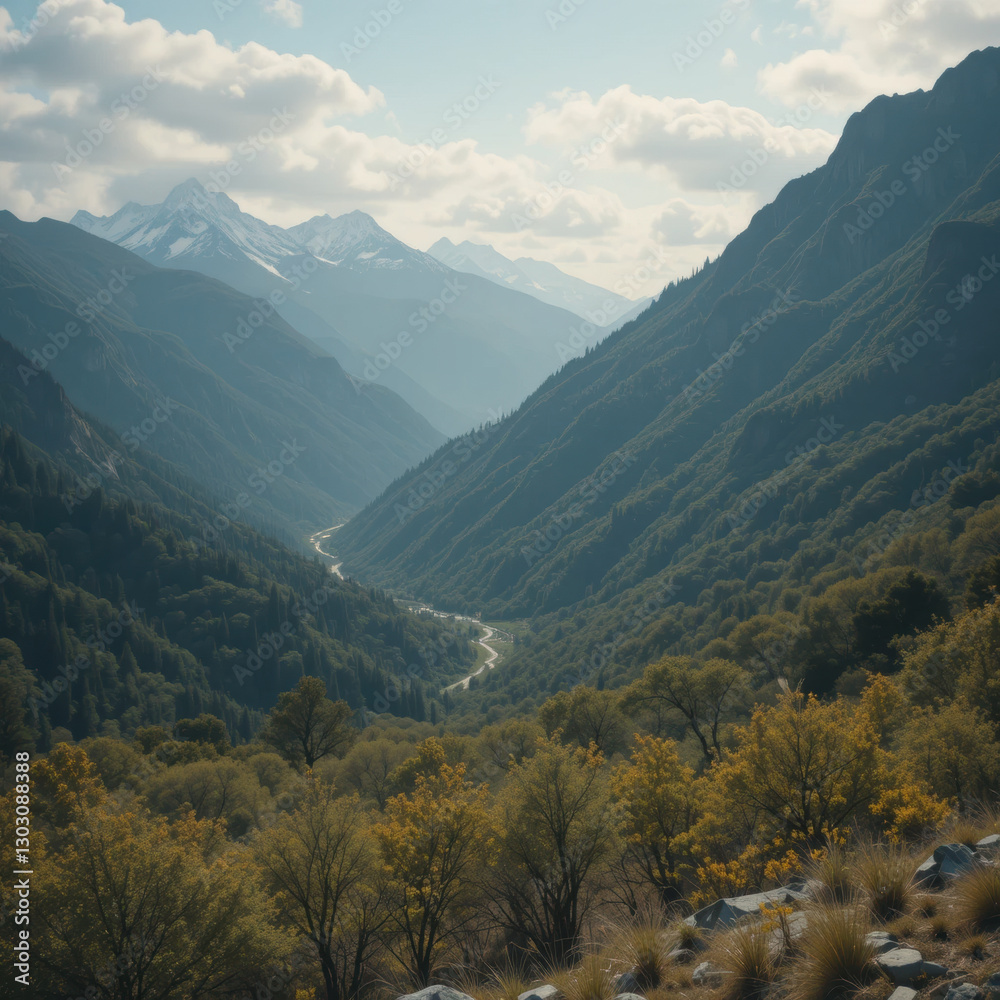 tranquil mountain landscape unfolds with verdant slopes under bright sky, invoking sense of peace and adventure tranquil mountain landscape unfolds with verdant slopes under bright sky, invoking sense of peace and adventure