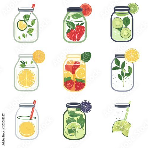 Refreshing detox water with citrus fruits and herbs in mason jars