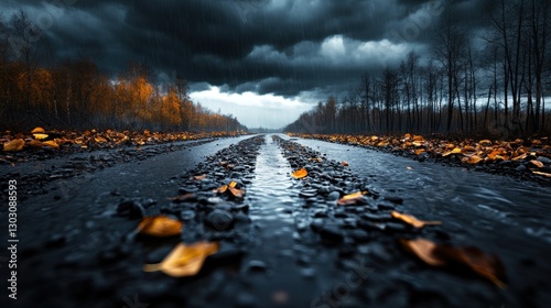 Moody autumn road with dramatic skies and fallen leaves in the rain