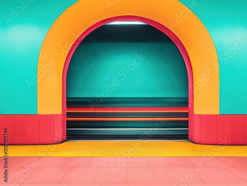 Dynamic acrylic of an urban subway entrance, bustling movement emphasized with streaks of bold colors