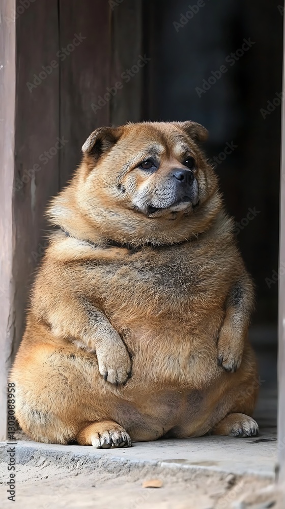Chubby dog sits doorway. Outdoors Chubby dog sits doorway. Outdoors