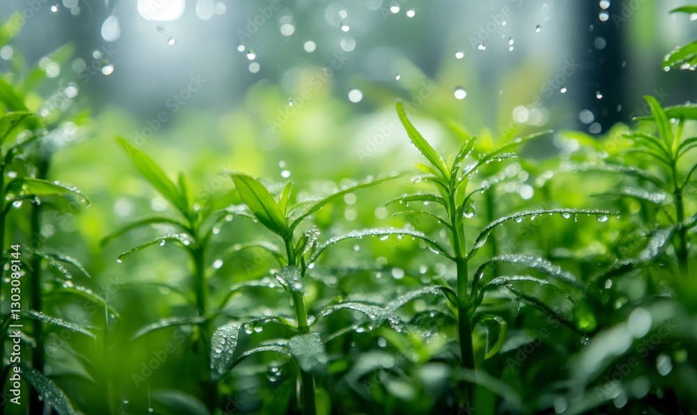 Obraz premium close-up of raindrops on a glass window, with green plants visible outside the window. The background is blurry, and there is some fog in front of it