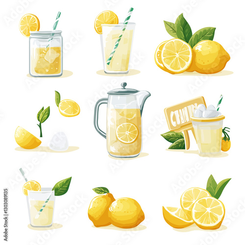 Refreshing Lemonade Collection: Drinks, Pitcher, Glass, Straws, and Fruits