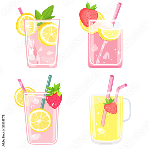 Colorful Strawberry Lemonade Glasses with Straws for a Refreshing Summer