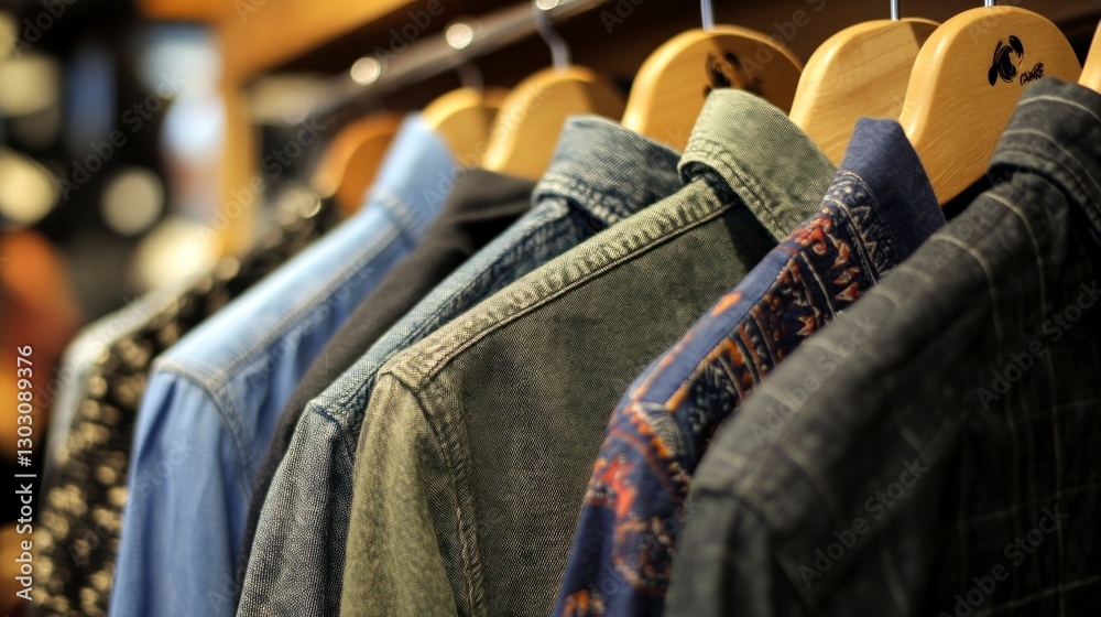 close-up of several different garments hanging on wooden hangers, including one light blue shirt and two dark green long-sleeved shirts