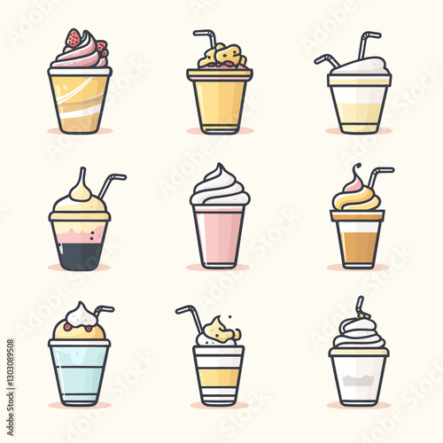 Diverse Cartoon Frappes Collection with Straws and Whipped Cream Toppings