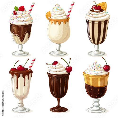 Assorted Cartoon Milkshakes with Whipped Cream, Cherries and Colorful Sprinkles