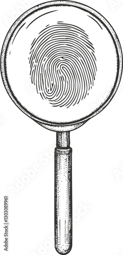Illustration of a magnifying glass with a fingerprint in black and white.