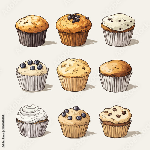 Assorted muffins: blueberry, chocolate chip, and vanilla in paper cups